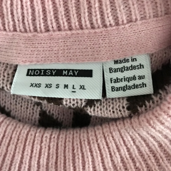 NOISY MAY Patterned Abstract Crew Neck Sweater L Pink Dark Brown Cropped Knitted - Picture 3 of 4